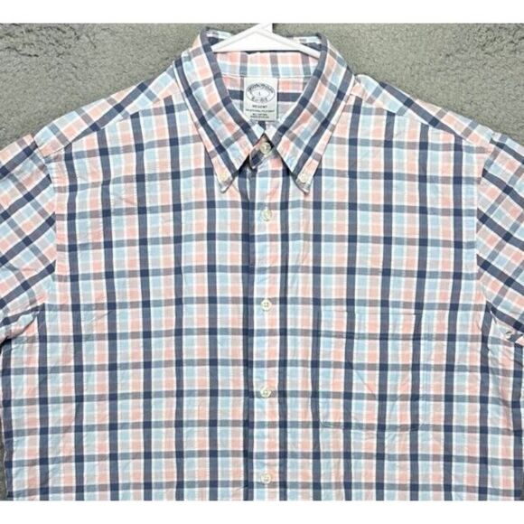 Brooks Brothers Shirt Mens Large Regent Pink Blue Plaid Seersucker Button Down